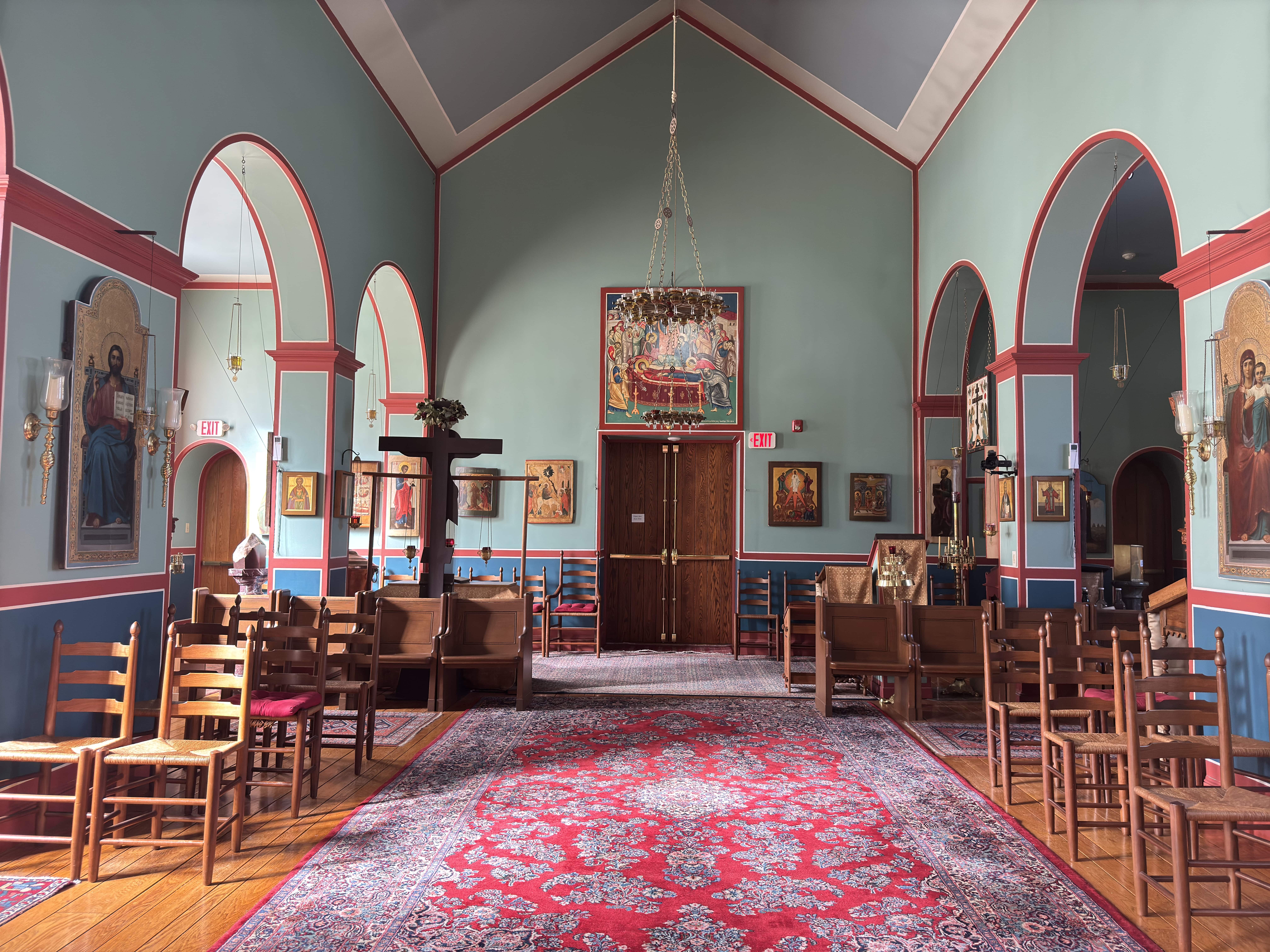 Looking towards the back of the church towards the doors that open into the dining hall.