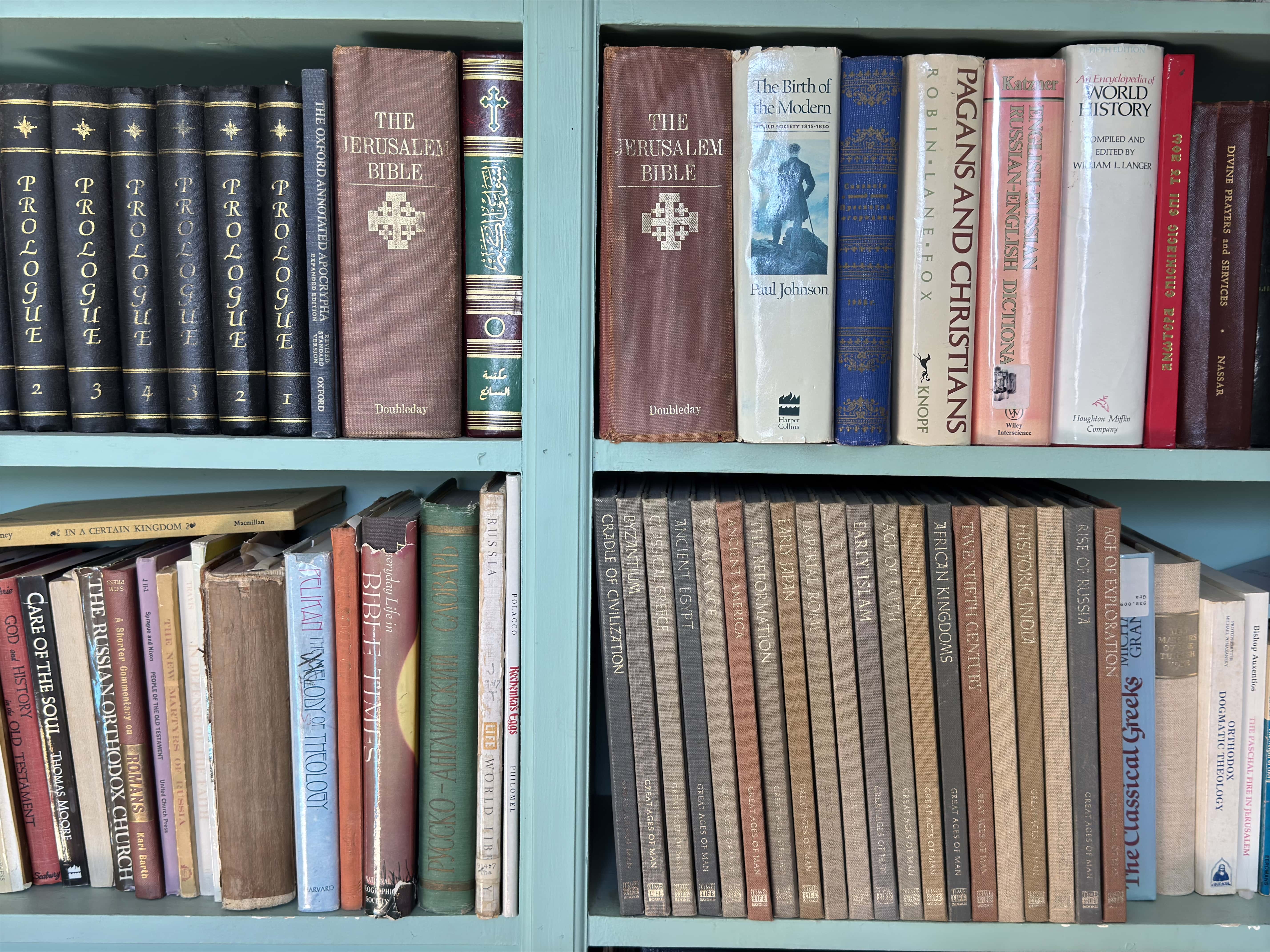 A closeup of a selection of books from the church library.