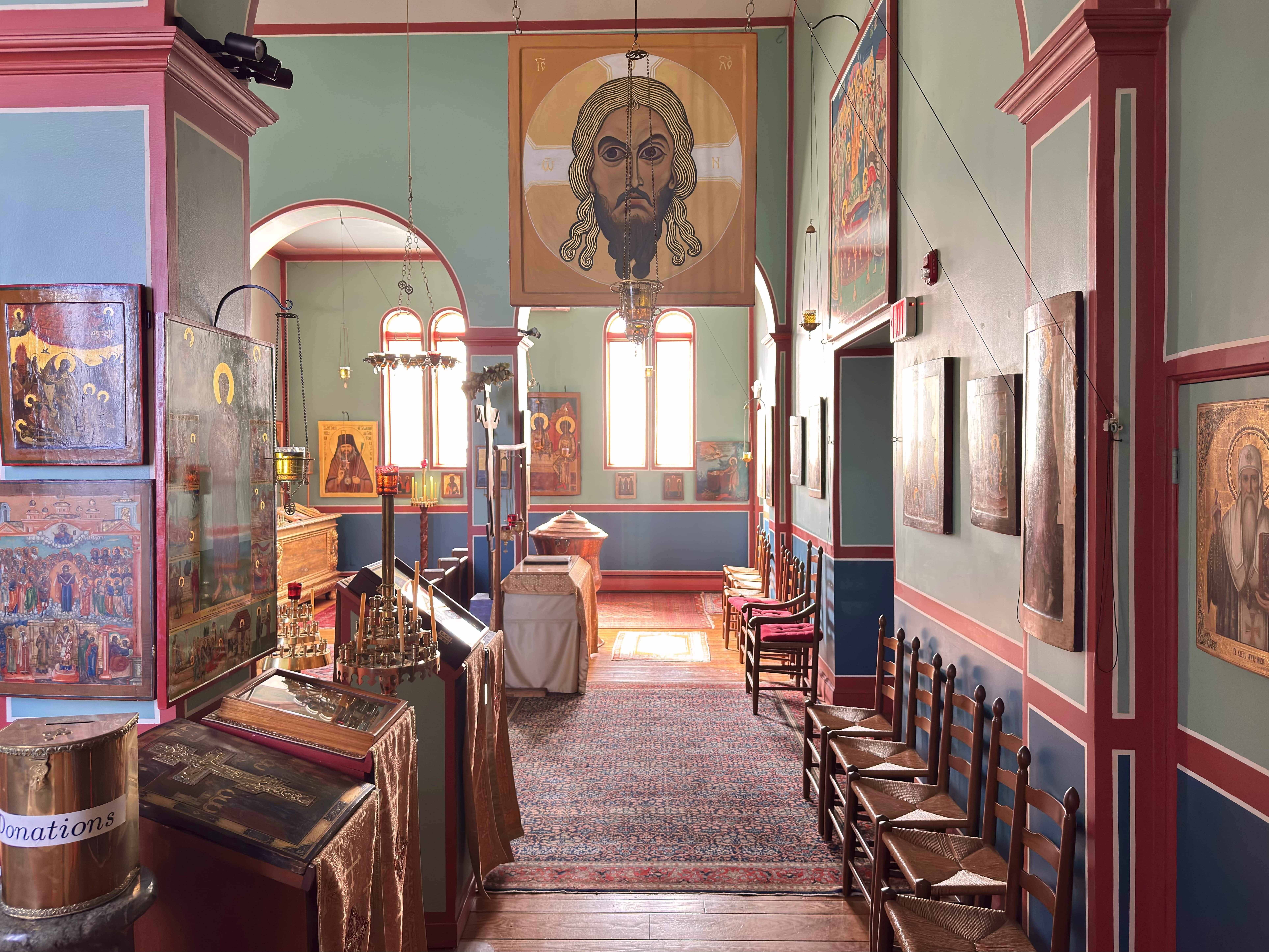 The icon of the Mandylion hanging at the entrance to the narthex next to the icons of the cross, Theotokos, and Christ.