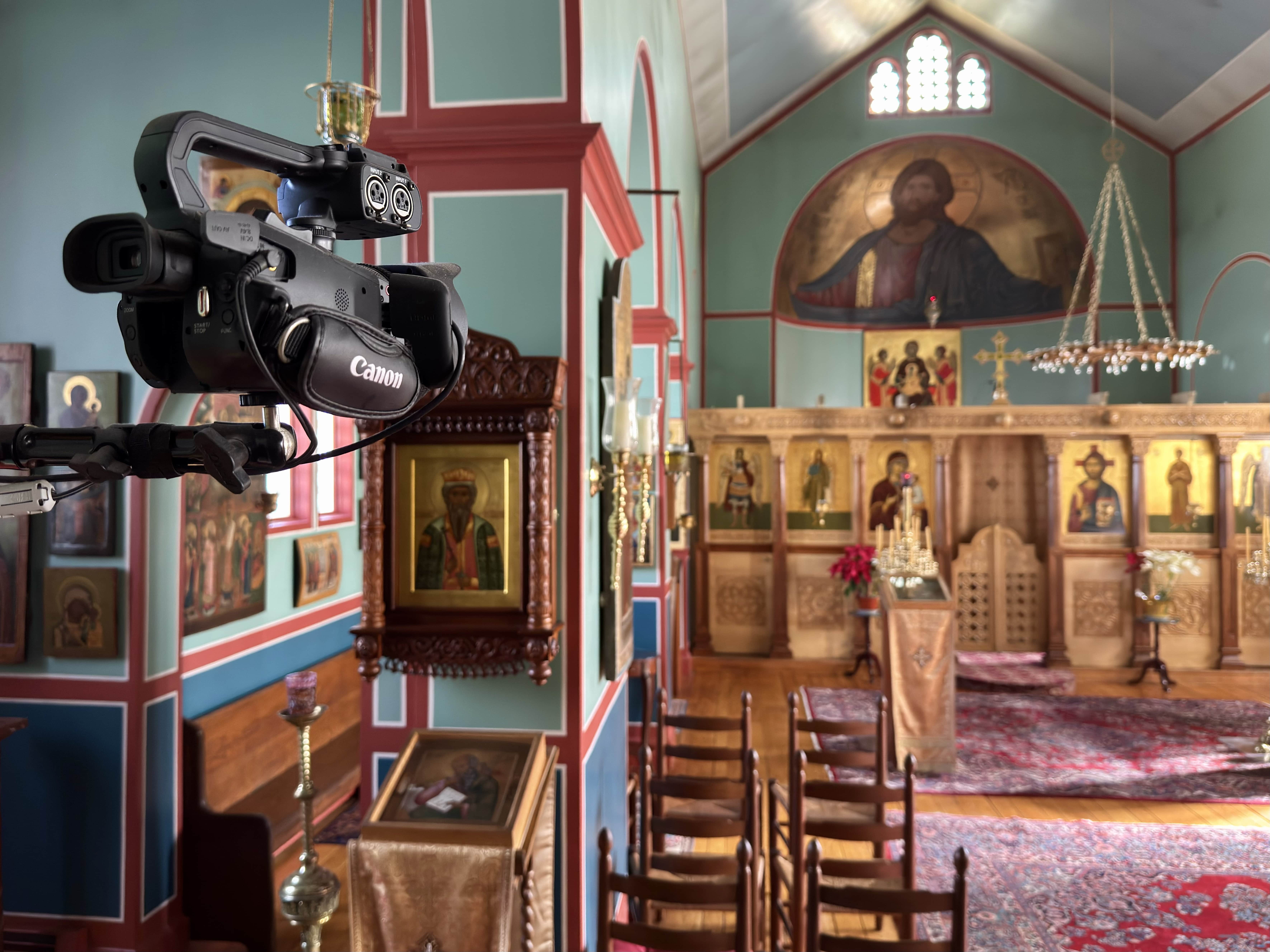 The livestream camera pointing towards the iconostasis.