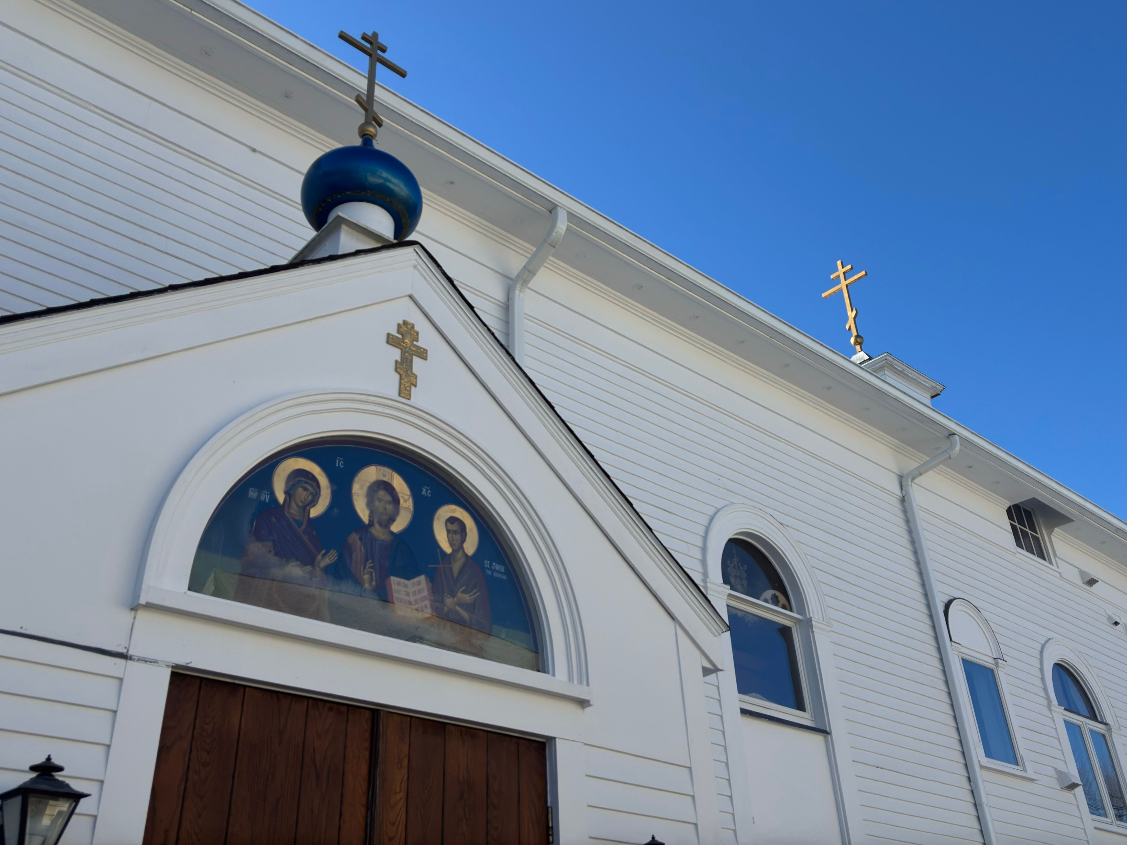 Looking from the front doors to the roof of St. John the Russian Orthodox Church in Ipswich, MA